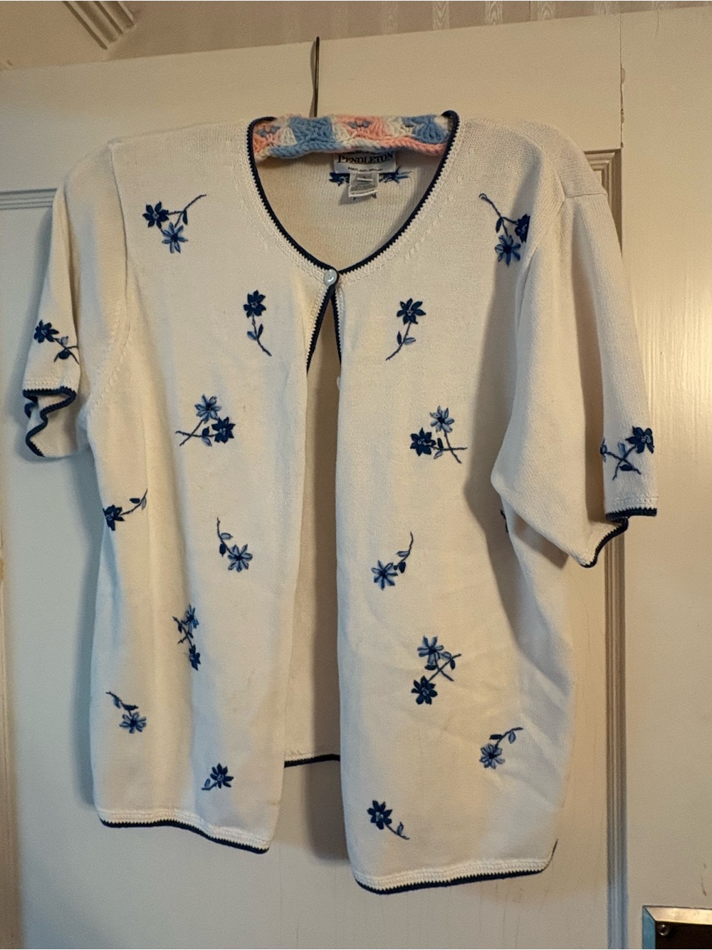 Pendleton Cream Short-Sleeve Cardigan Sweater with Blue Floral Embroidery